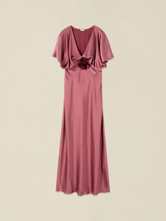 Long satin dress with floral appliqu&eacute;