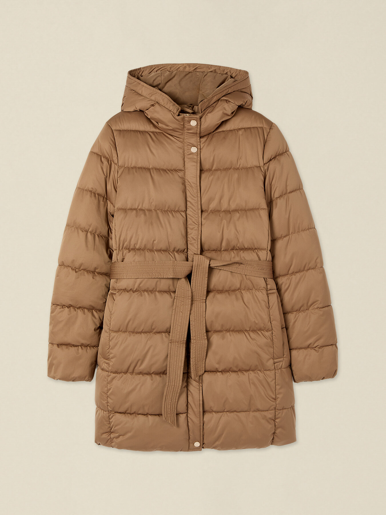 Mid-length puffer jacket with belt and hood image number 3
