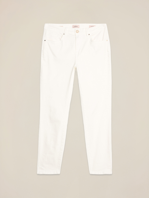 Pantalon skinny en coton et tencel avec bouton bijou