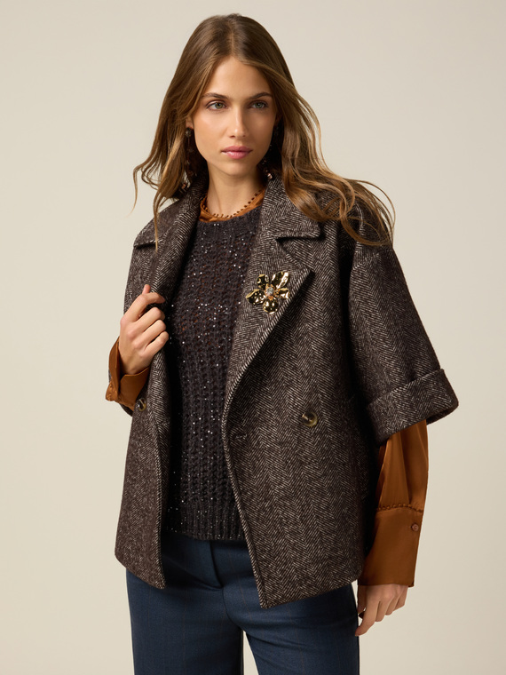 Double-breasted wool blend cape with brooch