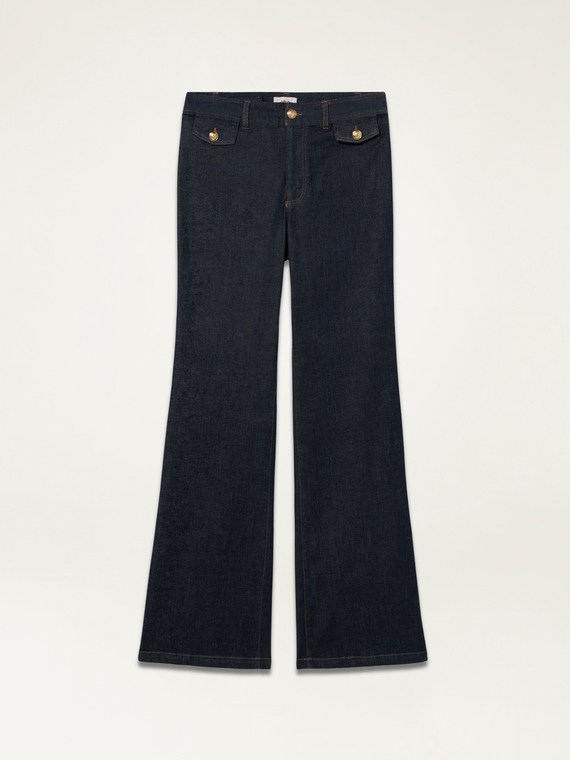 Blue rinse flared jeans with turn-up and army buttons