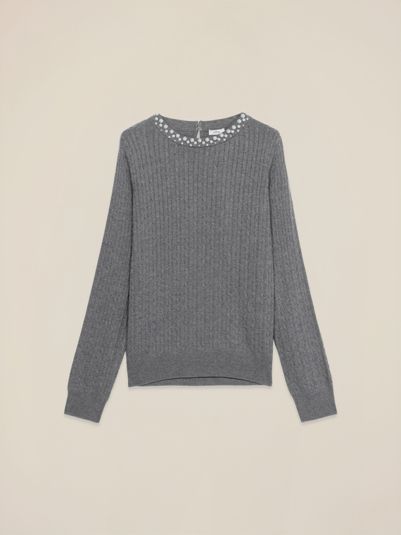 Pull col rond en m&eacute;lange cachemire avec applications