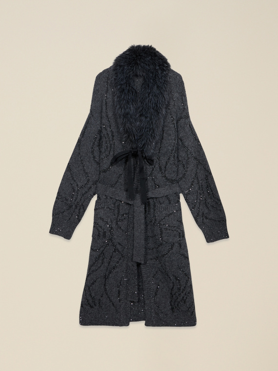 Knit coat with sequin embroidery