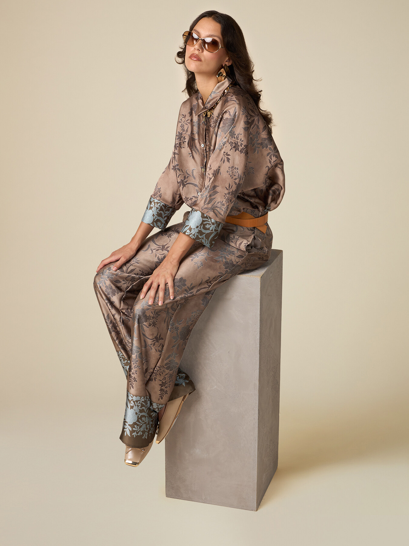 Patterned satin palazzo trousers image number 0