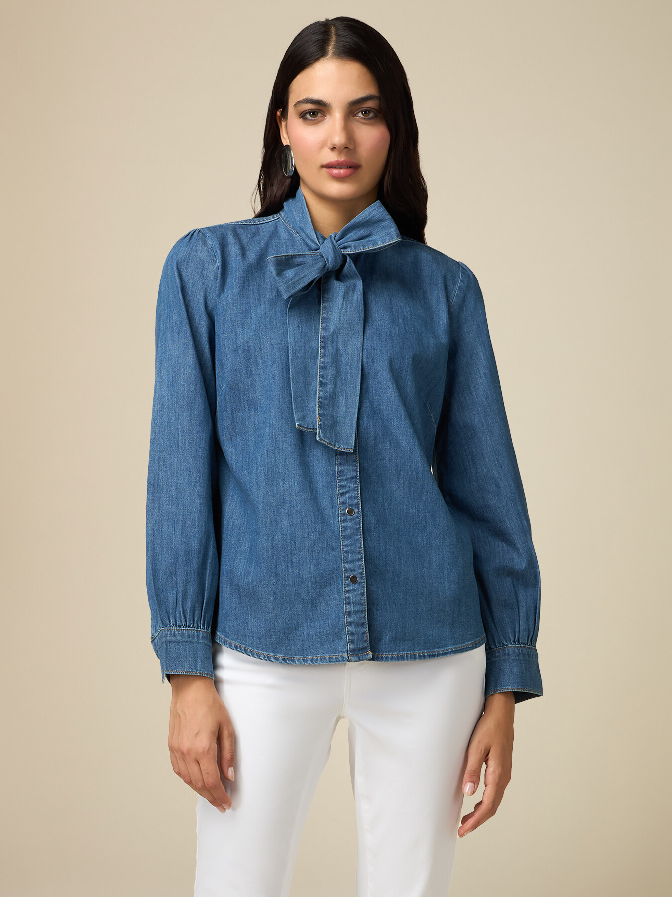 Denim shirt with bow image number 0