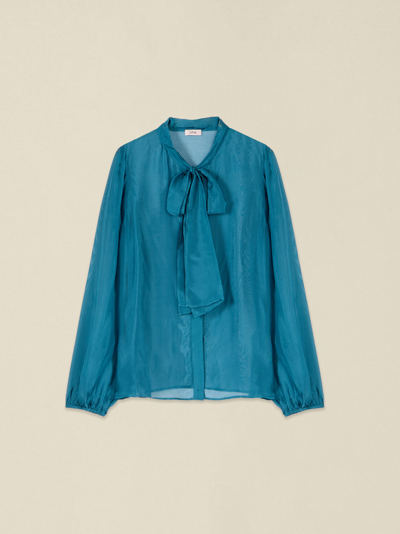 Mixed silk voile shirt with bow