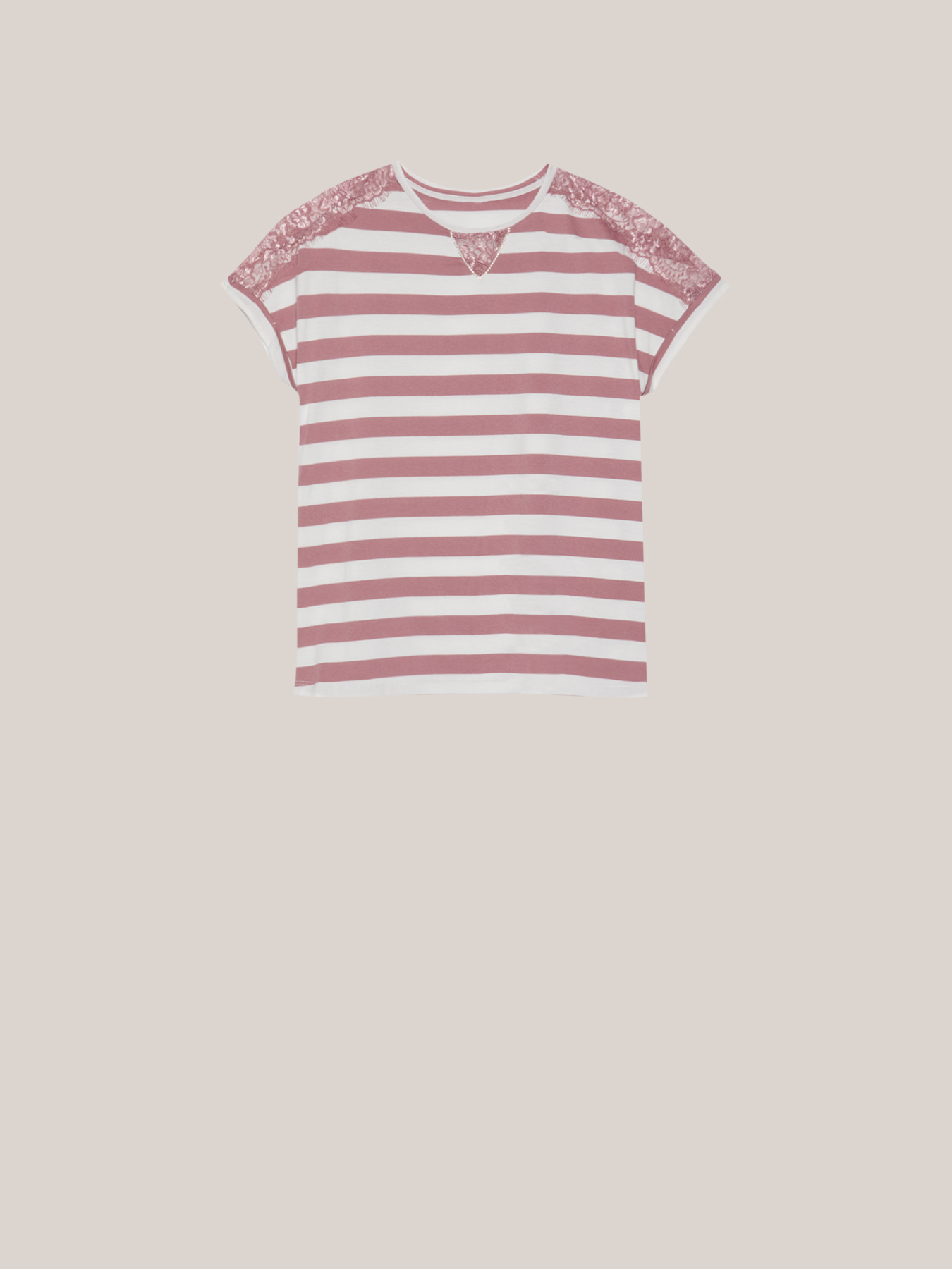 Striped T-shirt with lace and rhinestones image number 3