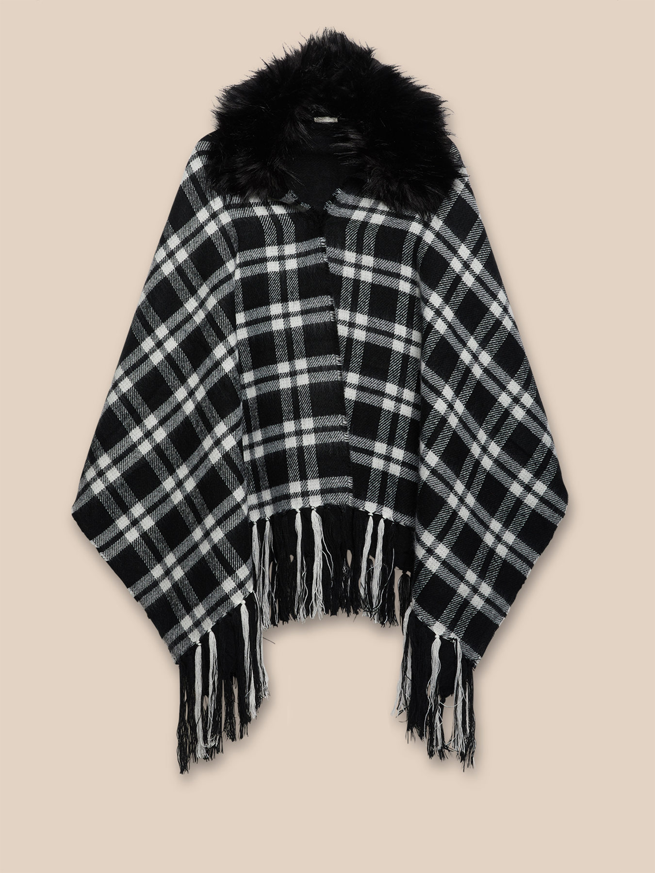 Poncho check con pelliccia sintetica image number 3