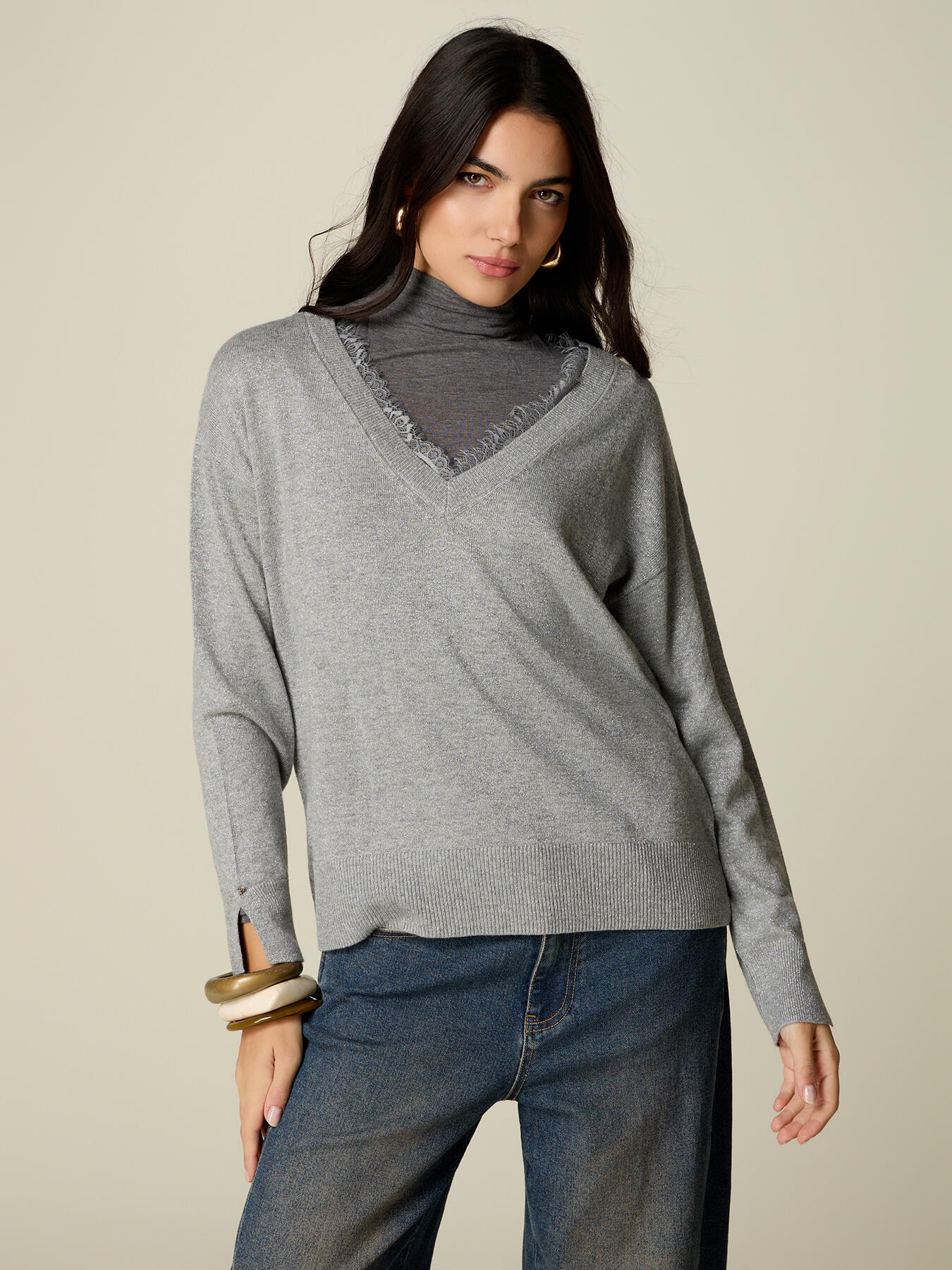 Lurex wool-blend knit top with lace image number 0