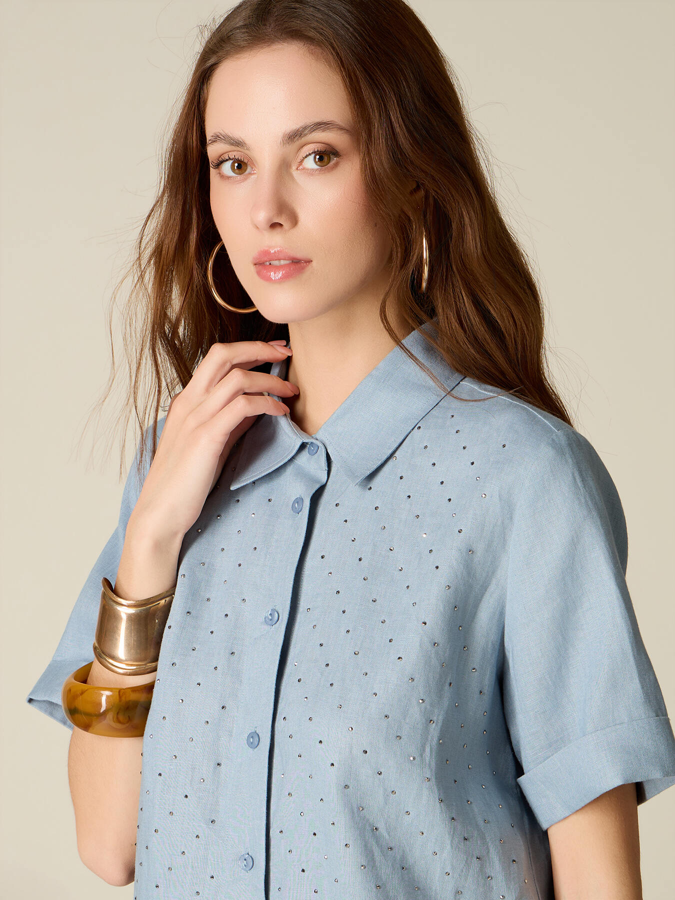 Camicia in lino con cristalli image number 2