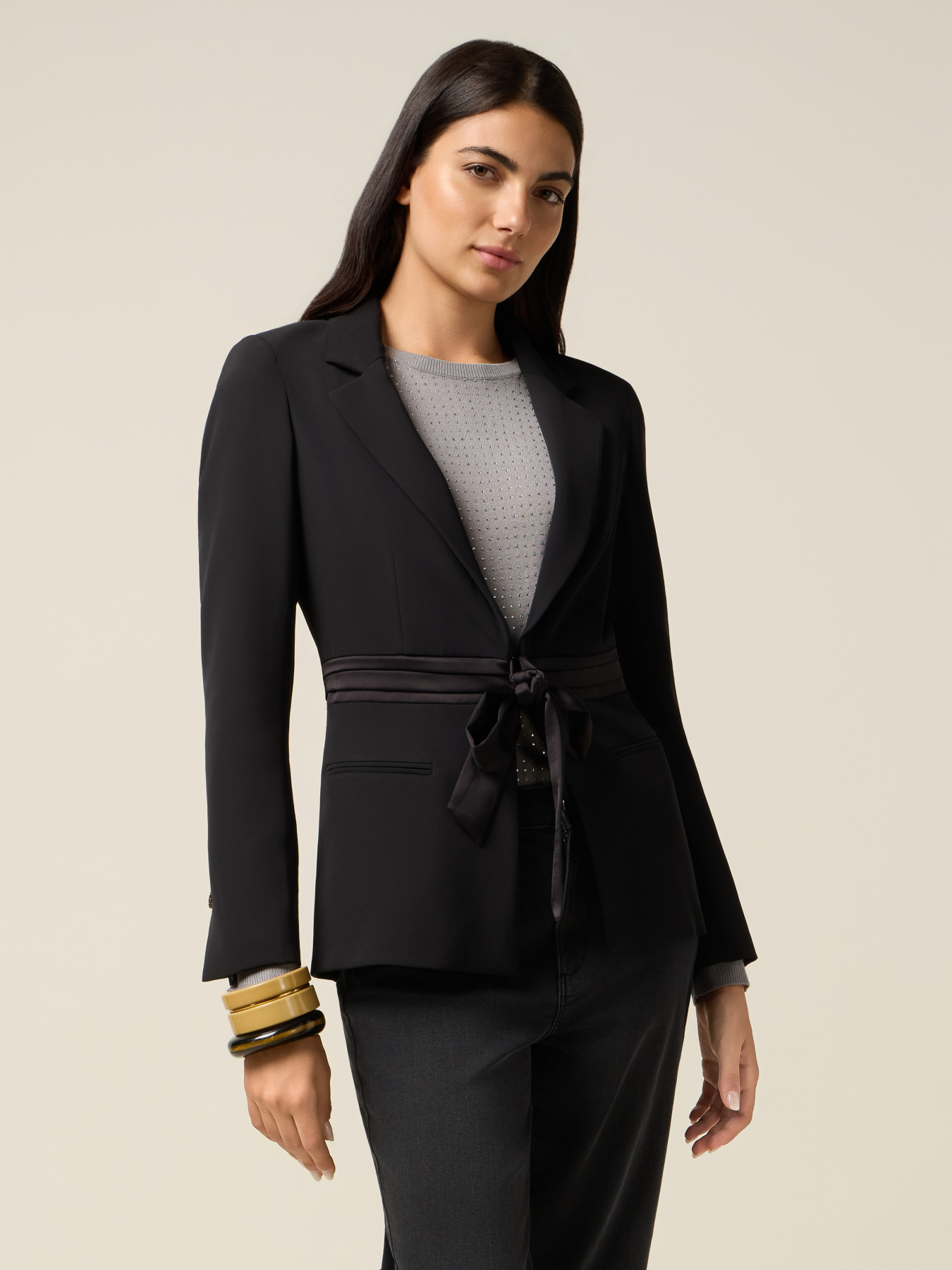 Belted satin blazer image number 0