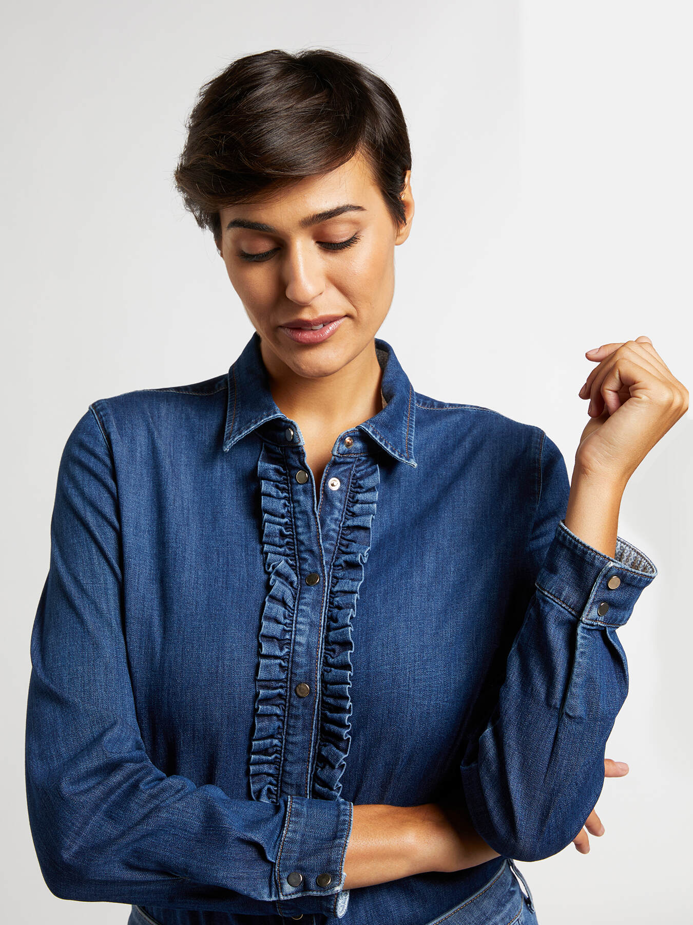 Denim shirt with ruching - Oltre.com - RO