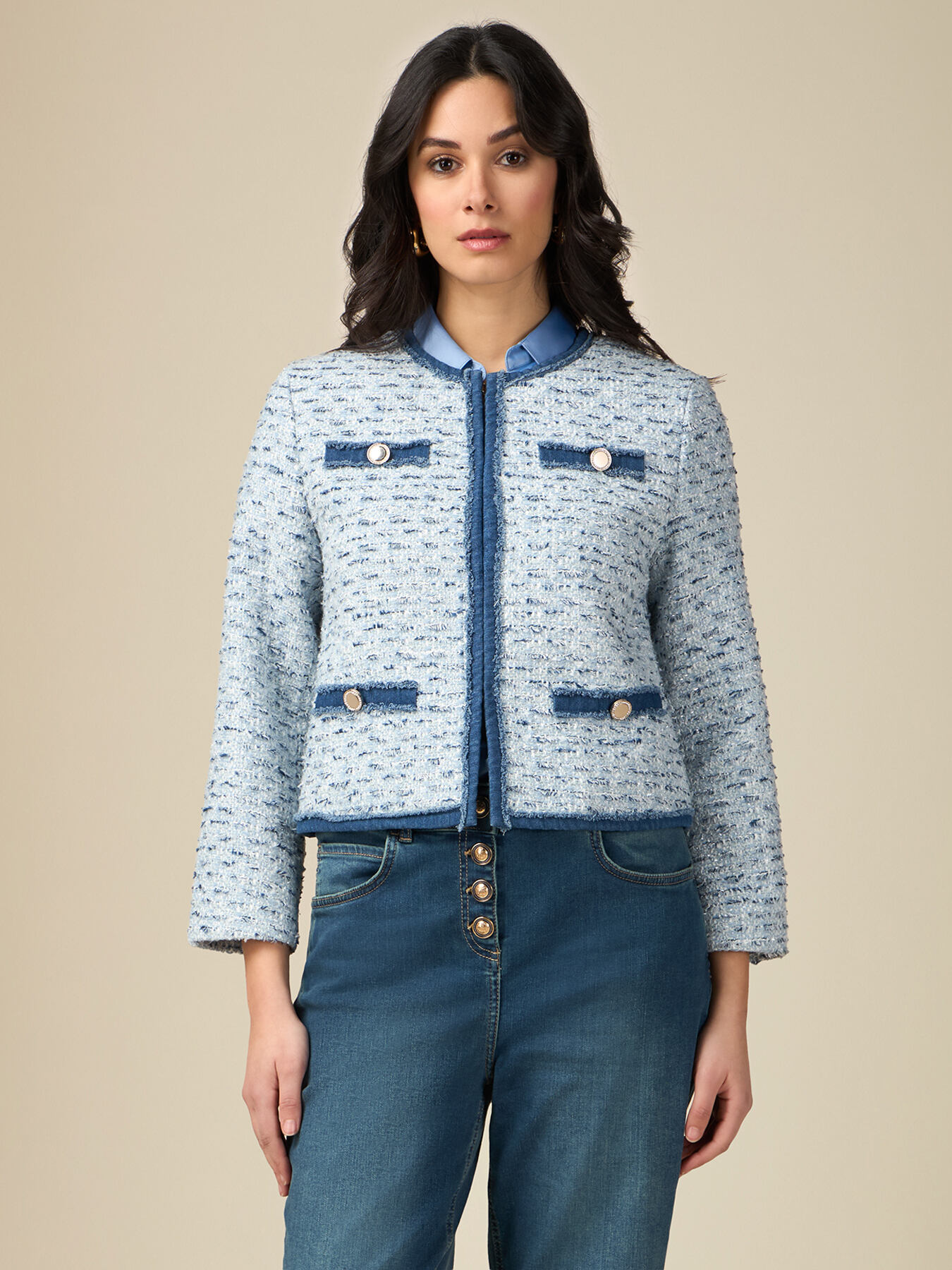 Tweed and denim boxy jacket image number 0
