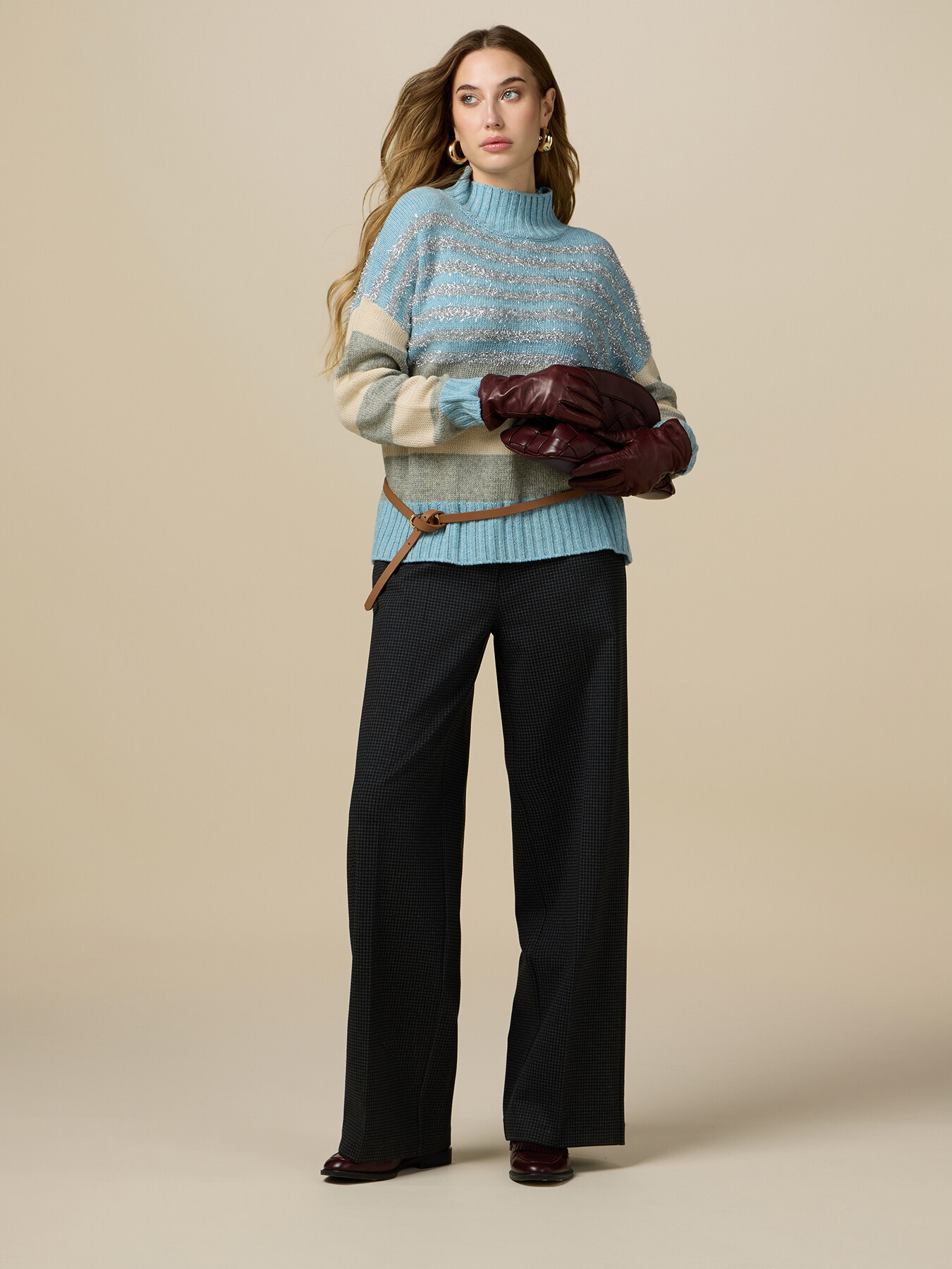 Pantaloni cu picior larg din material pied de poule image number 0