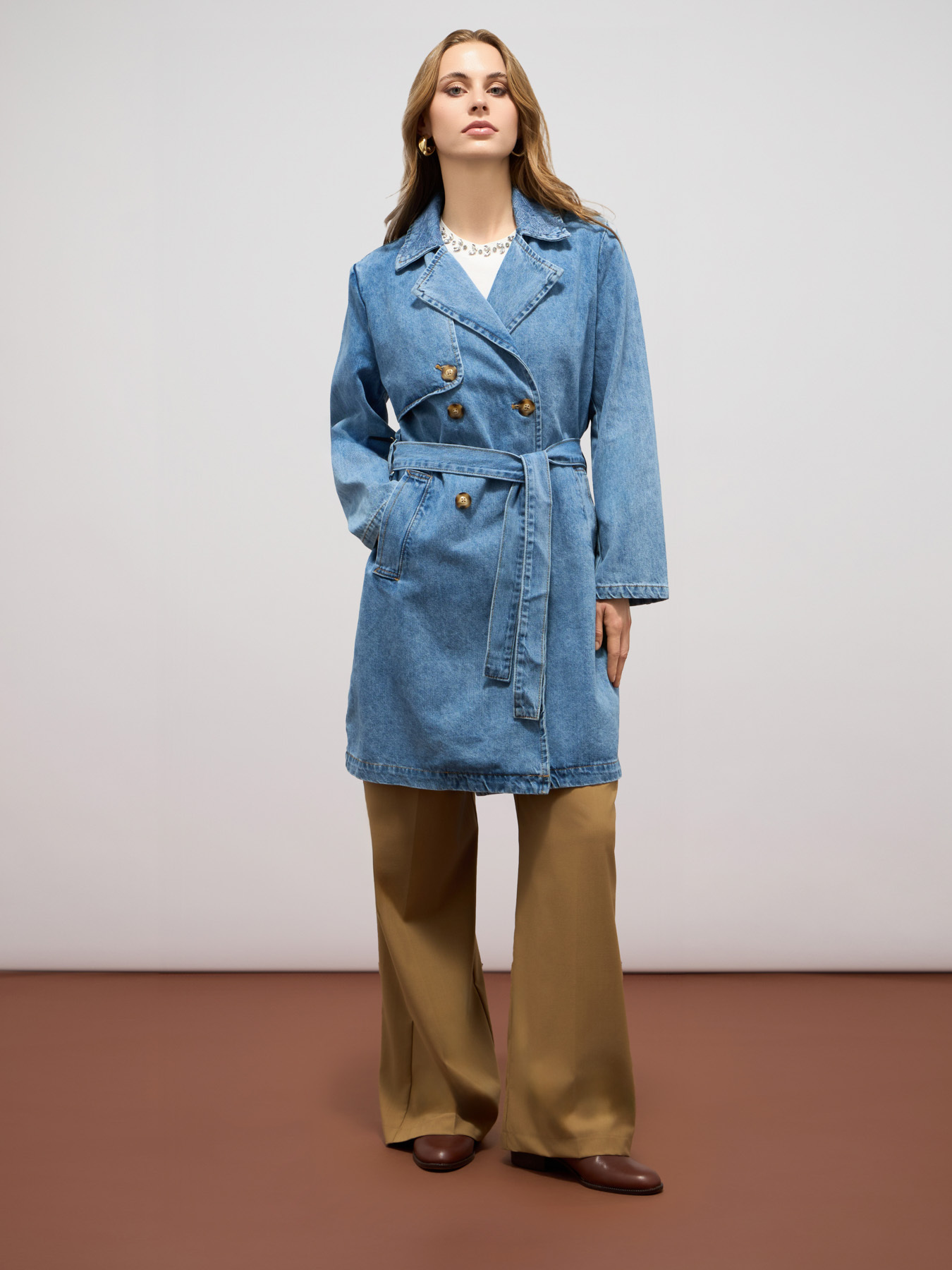 Denim and viscose blend trench coat image number 0