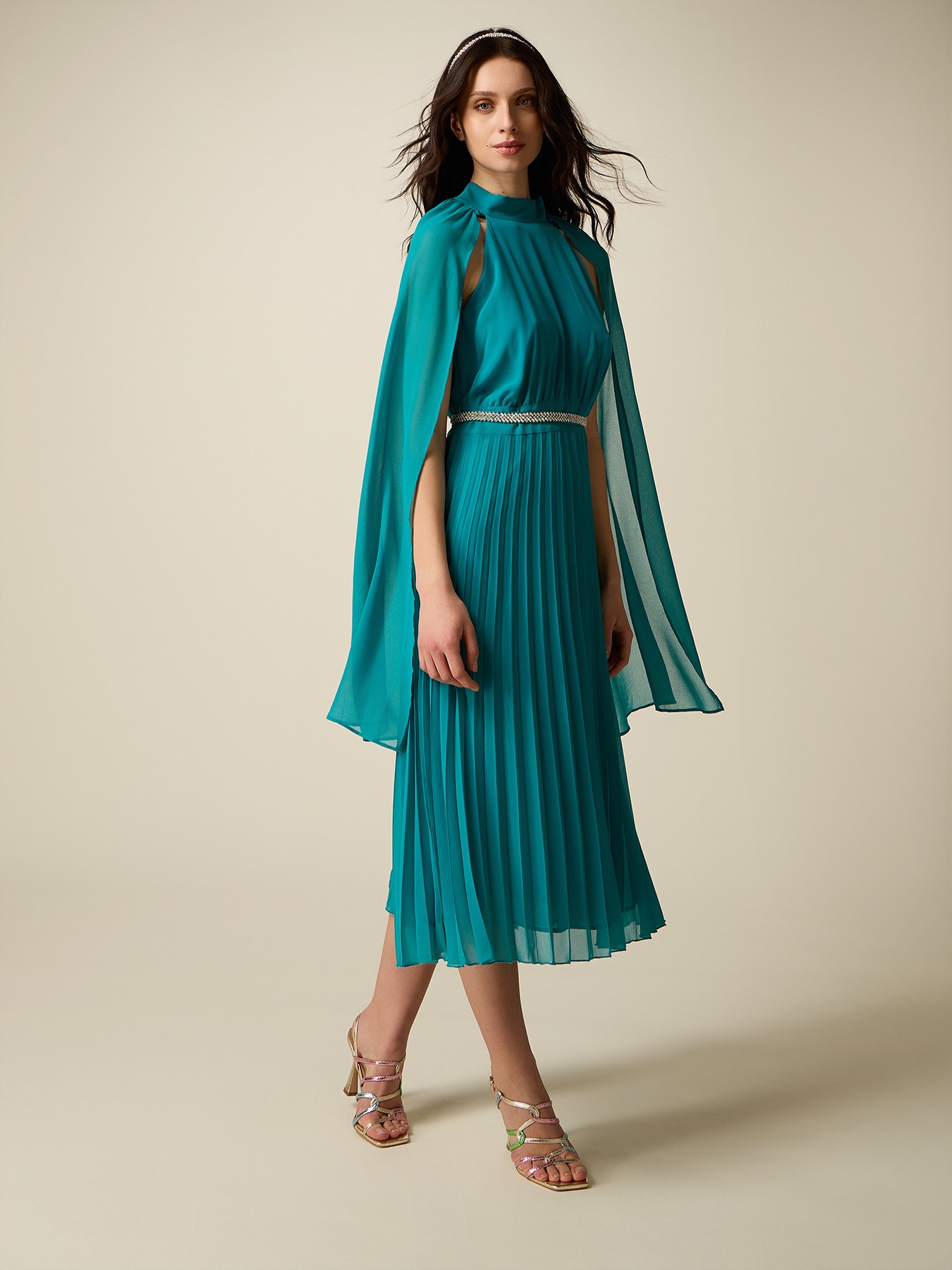 Pleated dress with jewel belt image number 0