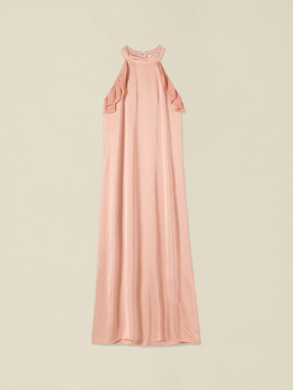 Long satin dress with ruffle