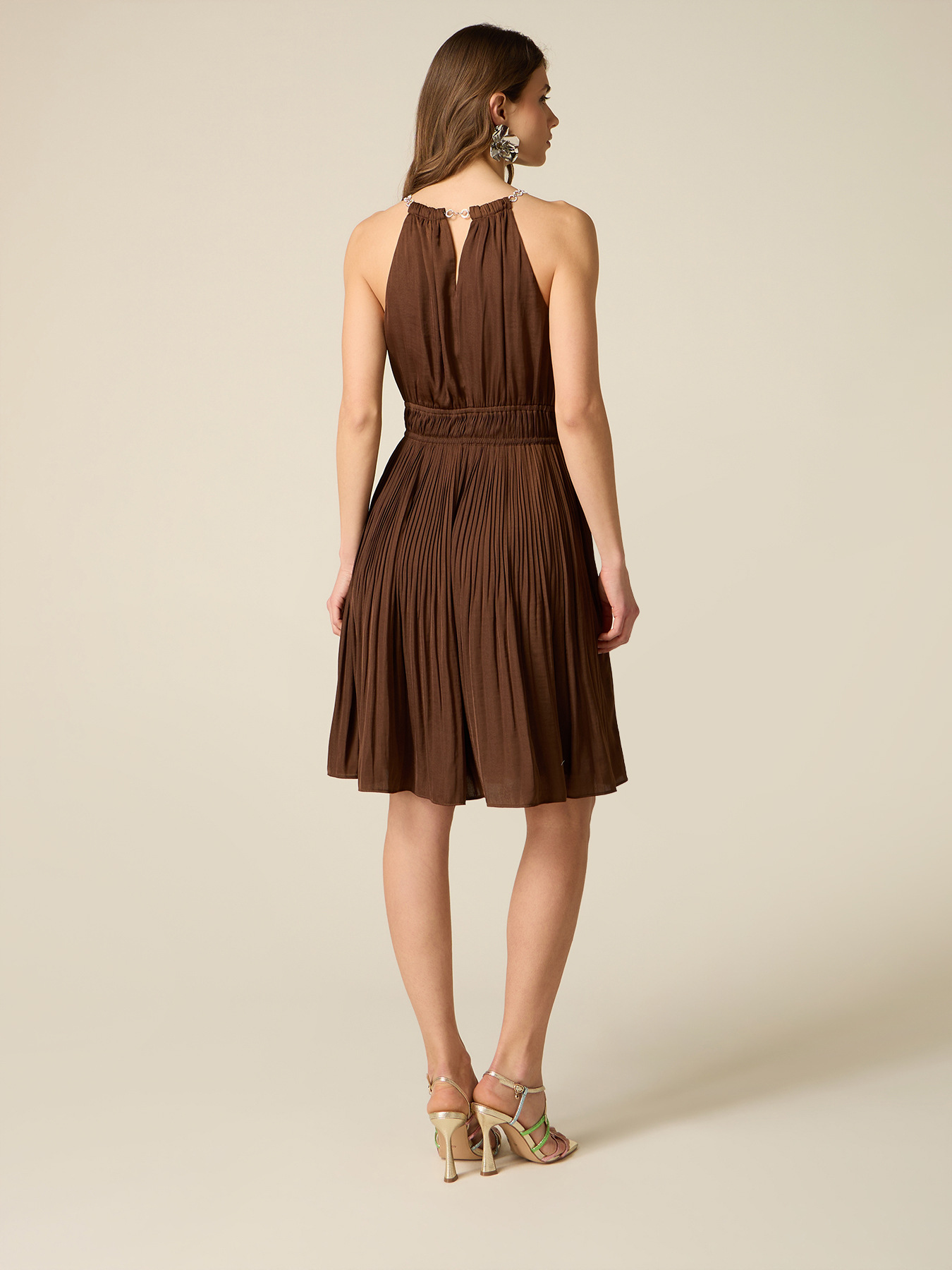 Flare satin dress with jewel necklace image number 1