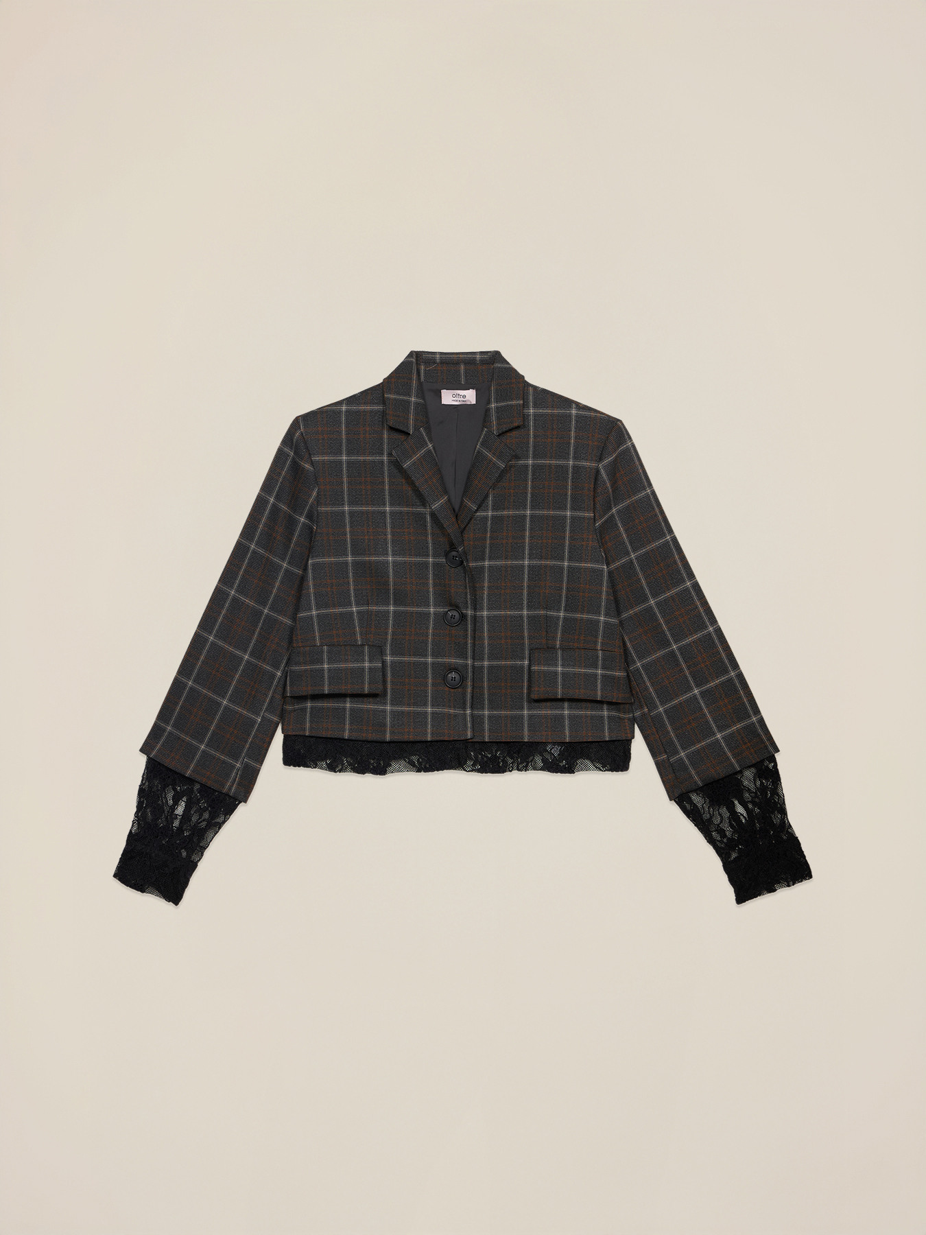 Blazer cropped a quadri con dettagli pizzo image number 3