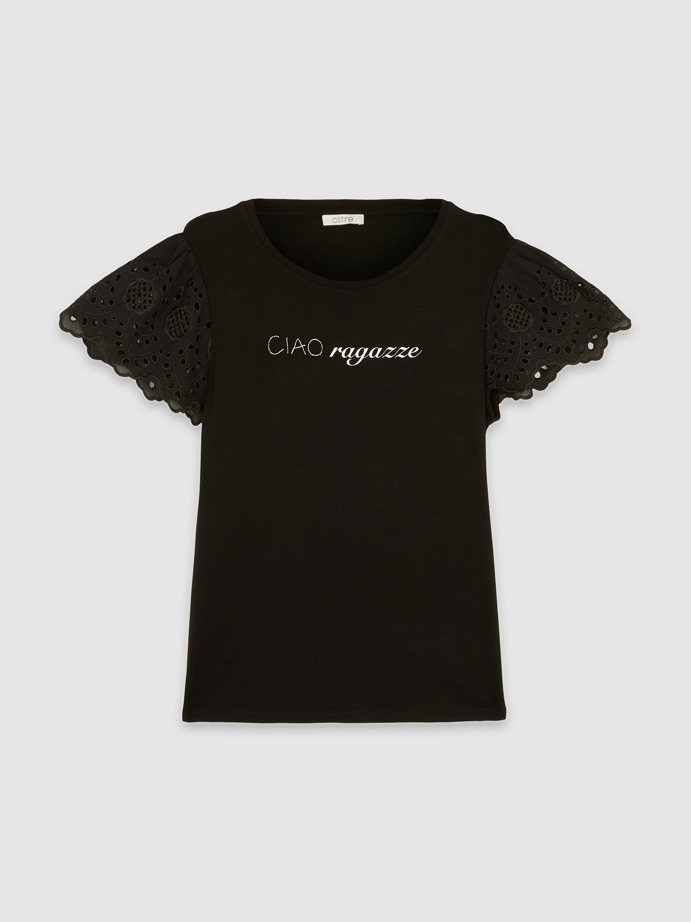T-shirt avec inscription et manches en broderie anglaise image number 3