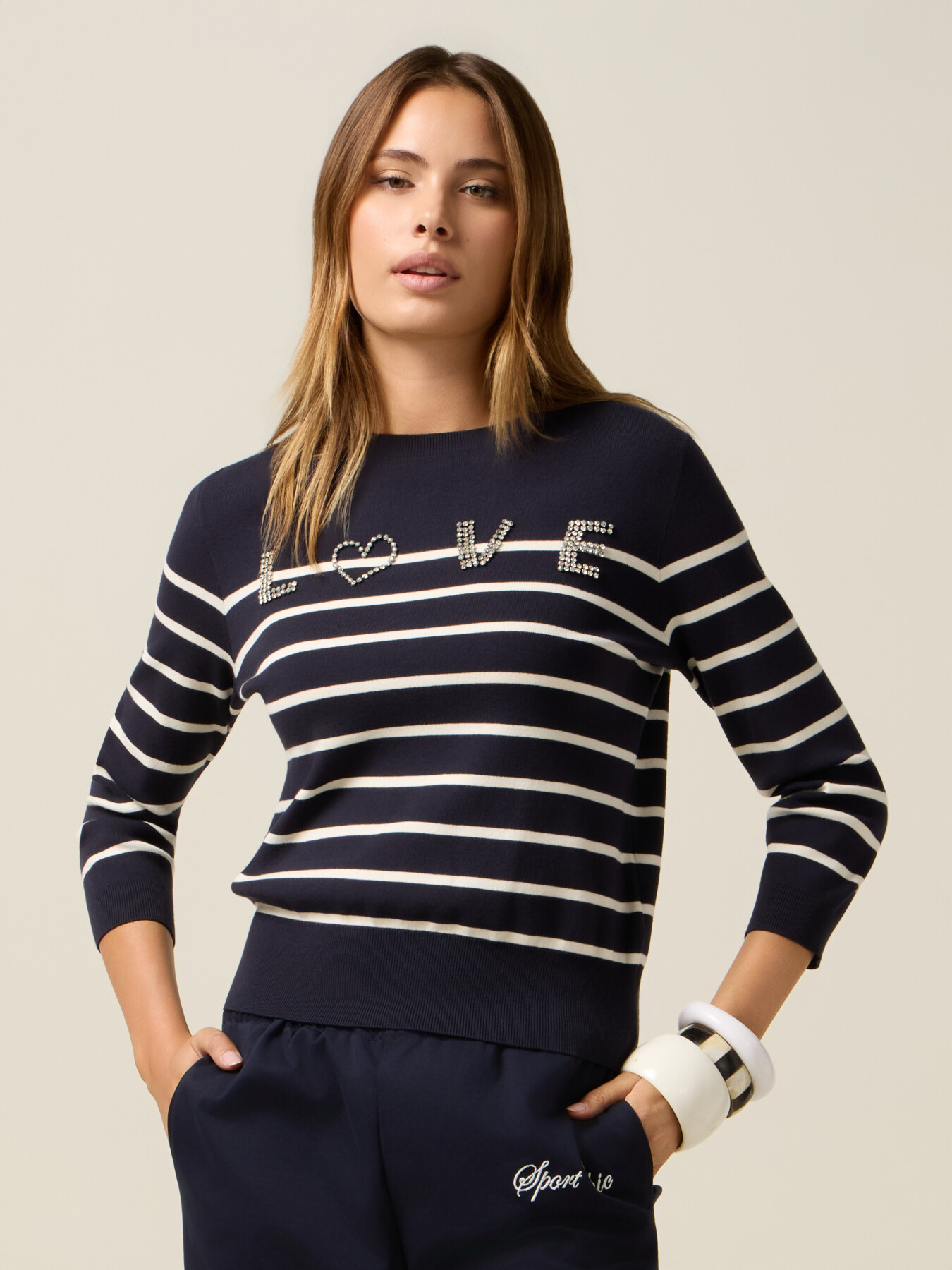 Striped sweater with jewel writing image number 0