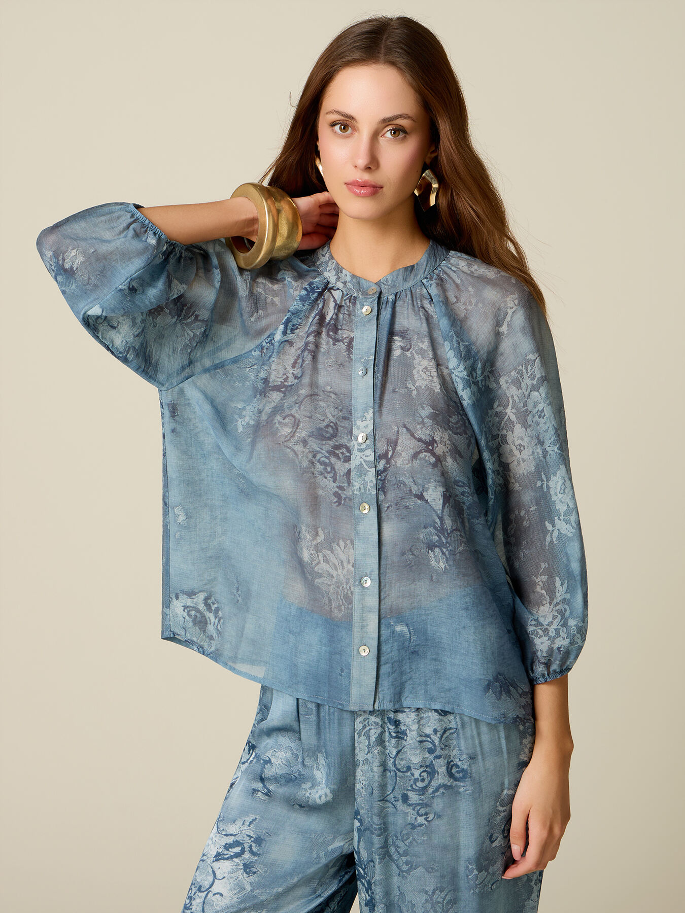 Camicia fantasia con collo alla coreana image number 0
