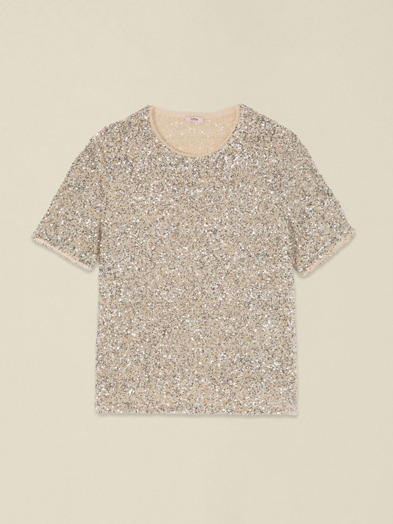 T-shirt in tulle con paillettes
