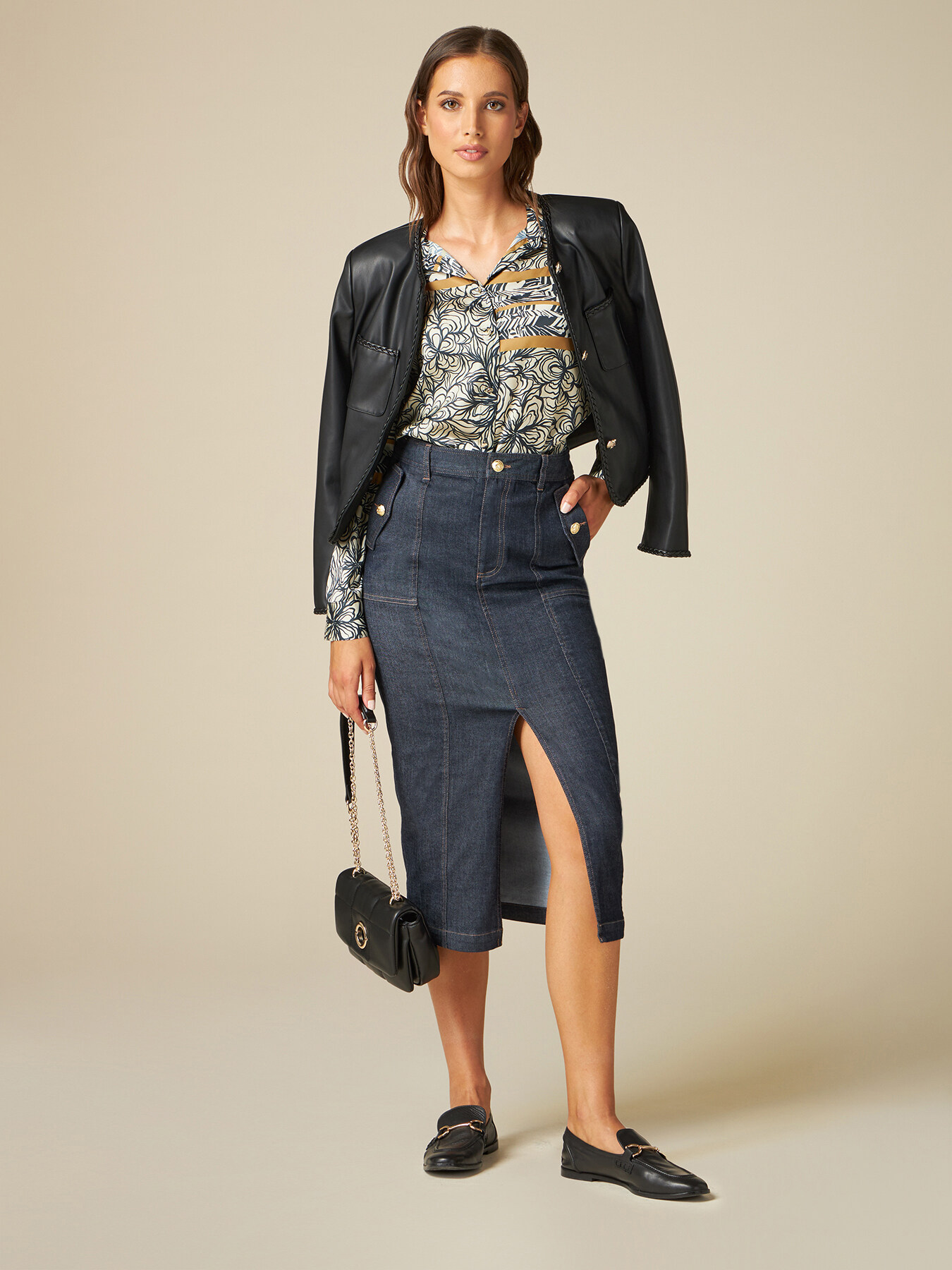 Gonna tubino in denim con bottoni army image number 0