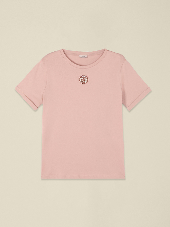 T-Shirt mit Intarsie und Kristallen