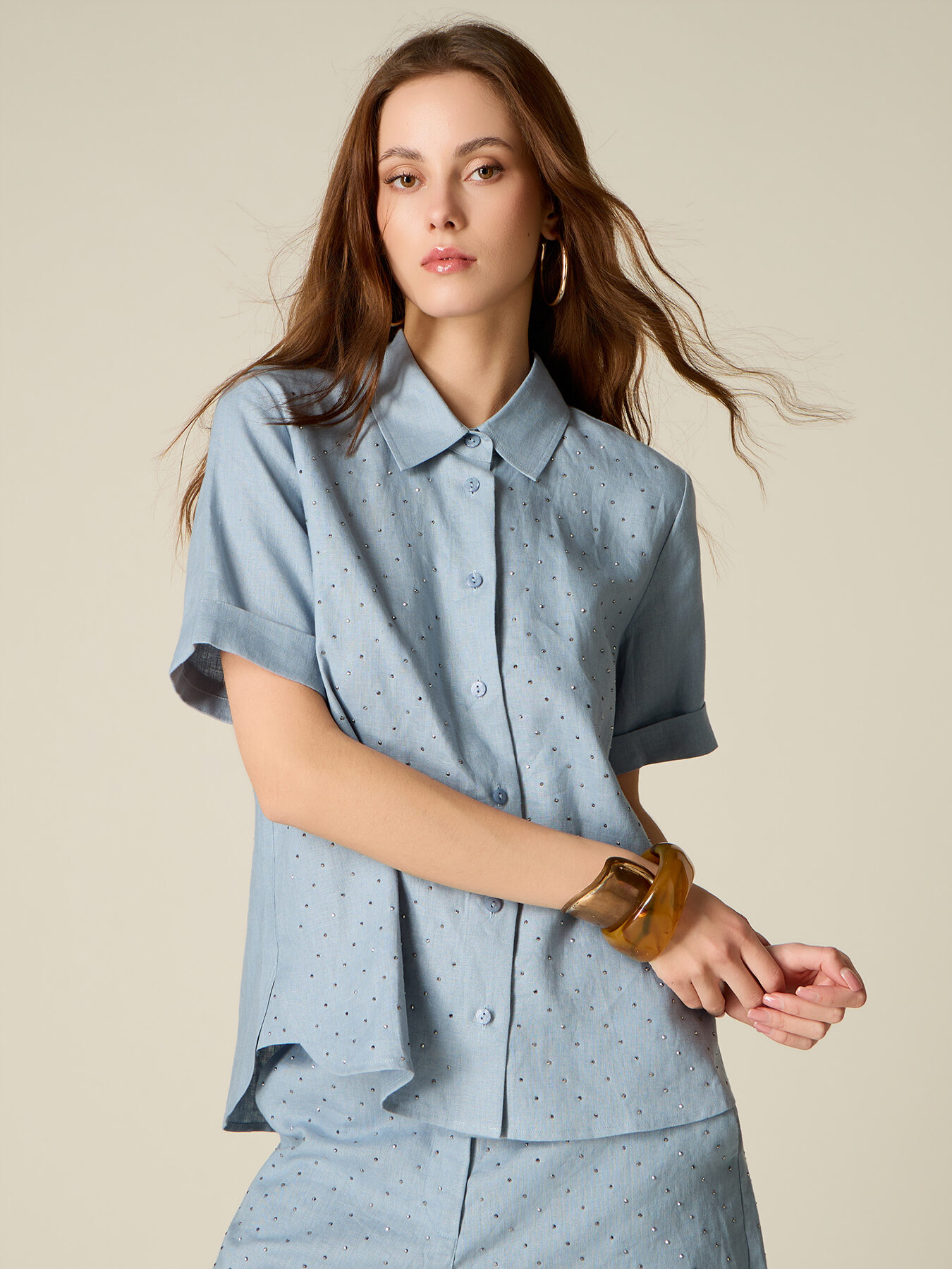 Camicia in lino con cristalli image number 0