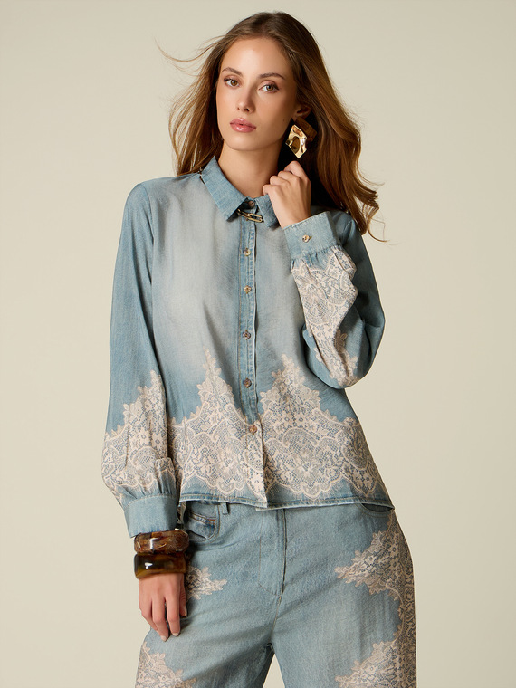 Hemd in Denim-Optik mit Spitze