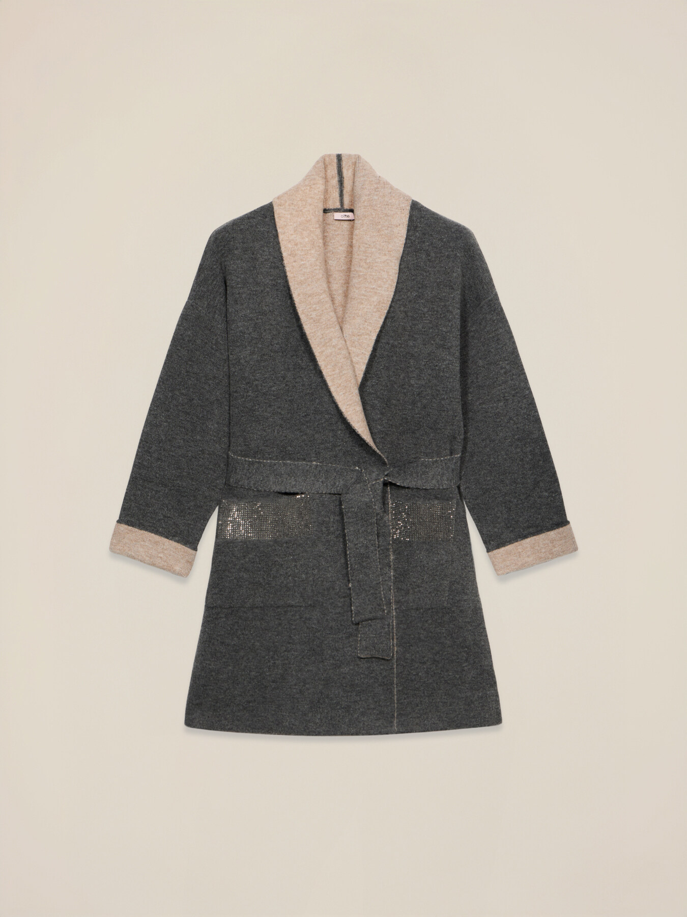 Double-breasted cardigan with belt and shiny details image number 3