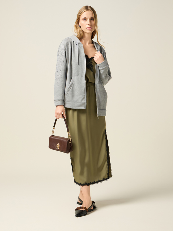 Midi pencil skirt in satin with lace