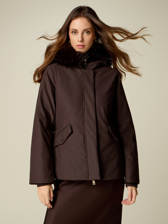 Smooth down jacket with hood and faux fur trim