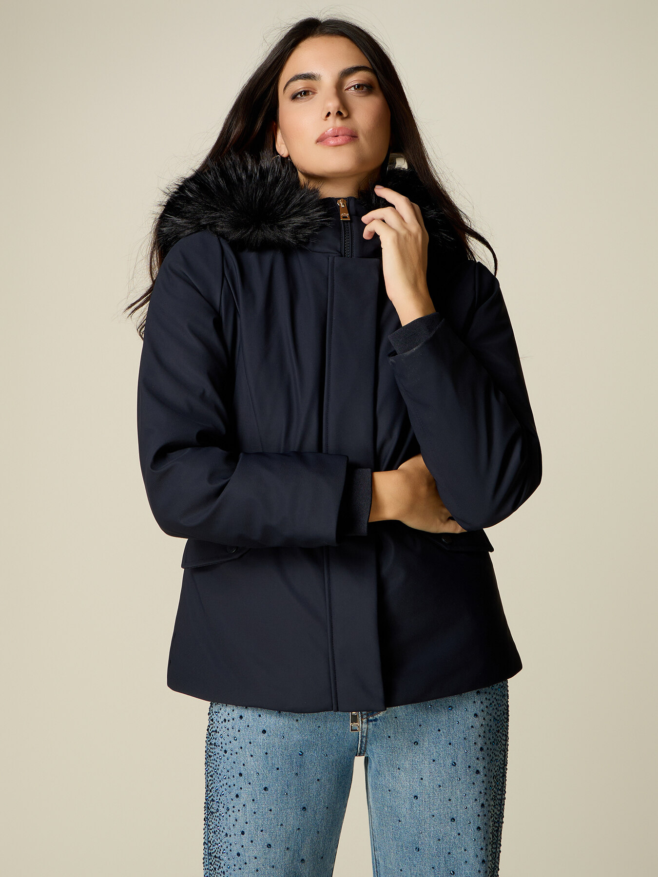Smooth down jacket with hood and faux fur trim image number 0