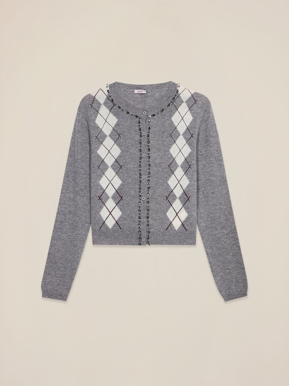 Cardigan in lana/cashmere con castoni e motivo argyle