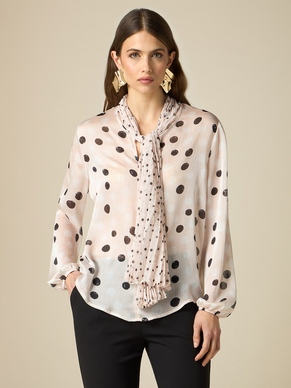 Patterned blouse with pleated scarf