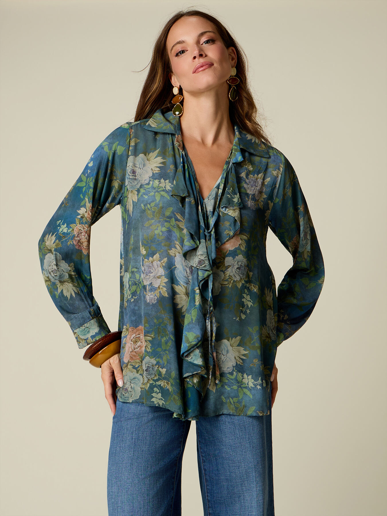 Bluse mit Fantasiemuster und Volants image number 0