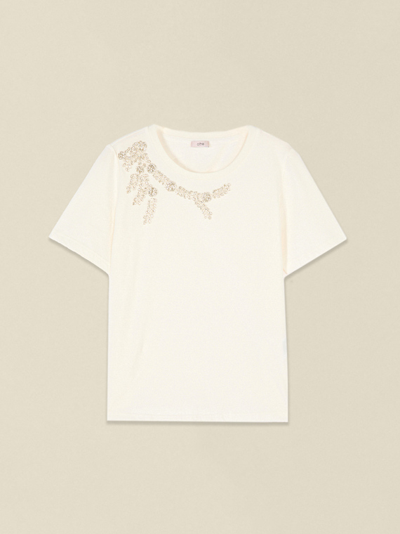 Camiseta de algod&oacute;n con bordado de pedrer&iacute;a