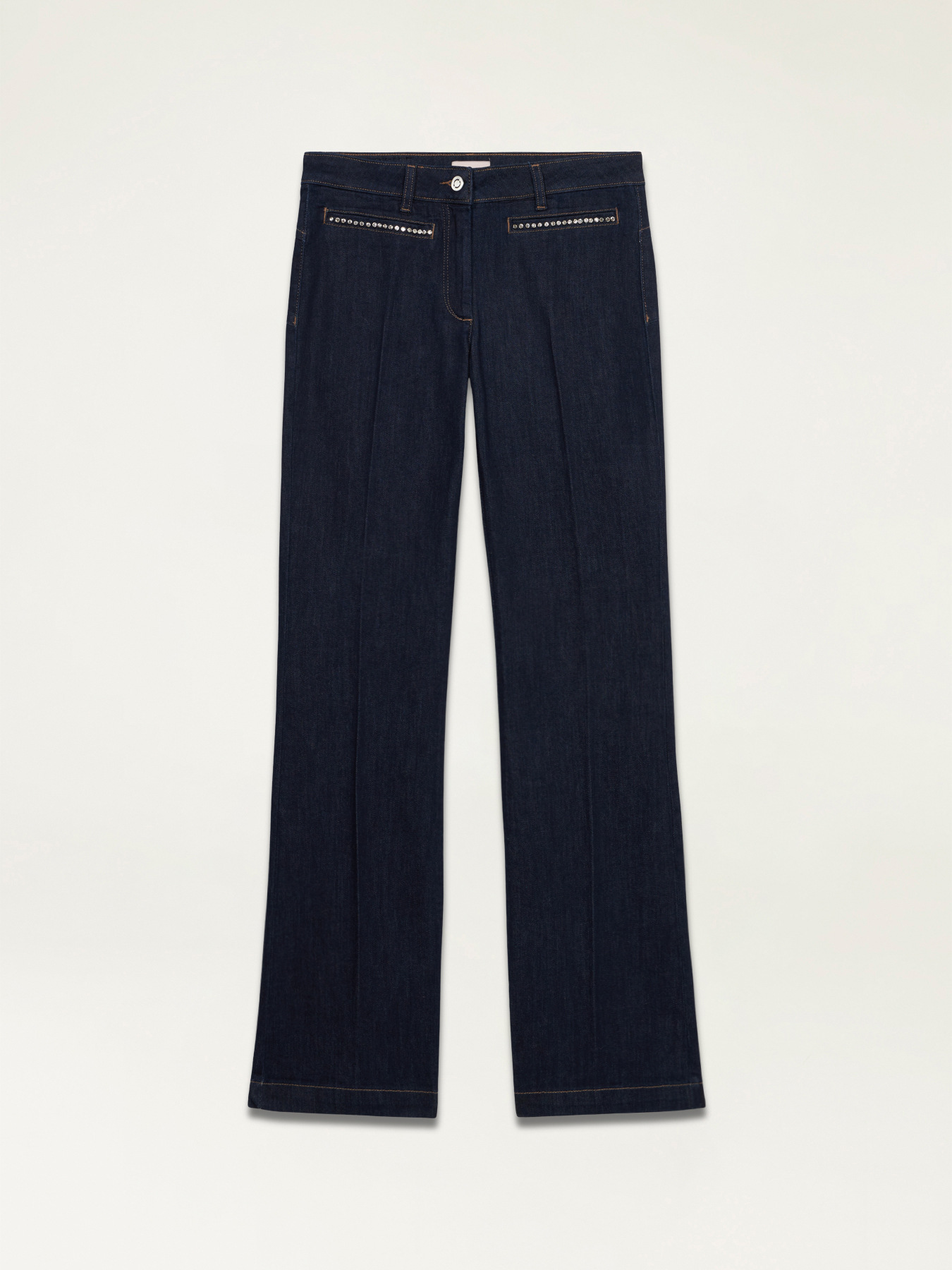 Jeans flared blu rinse con dettagli gioiello image number 4