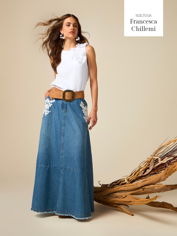 Long denim skirt with embroidery