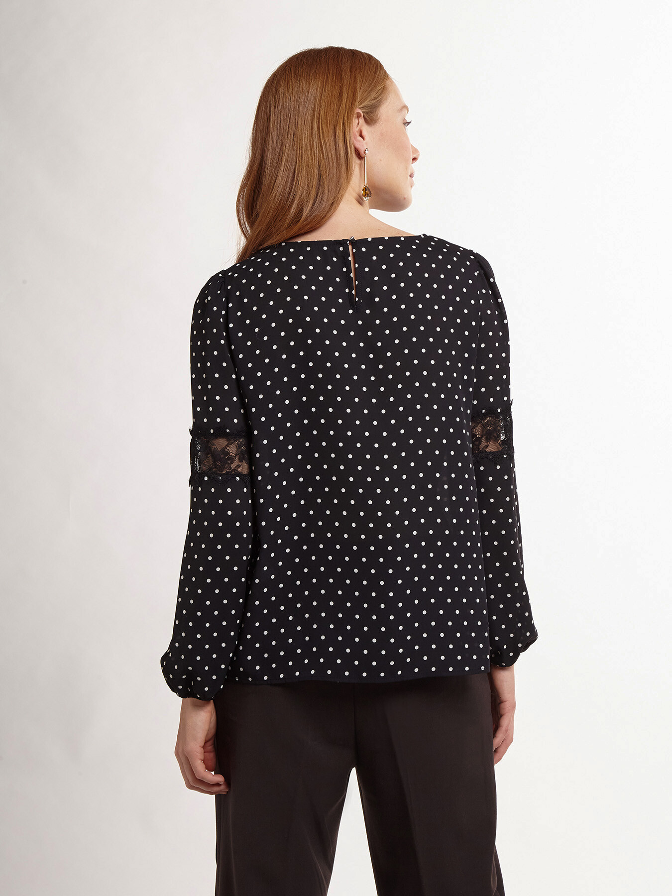 Polka dot blouse with lace inserts image number 1