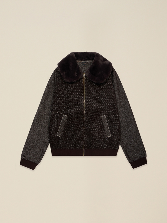 Mixed wool knit bomber with plush effect collar