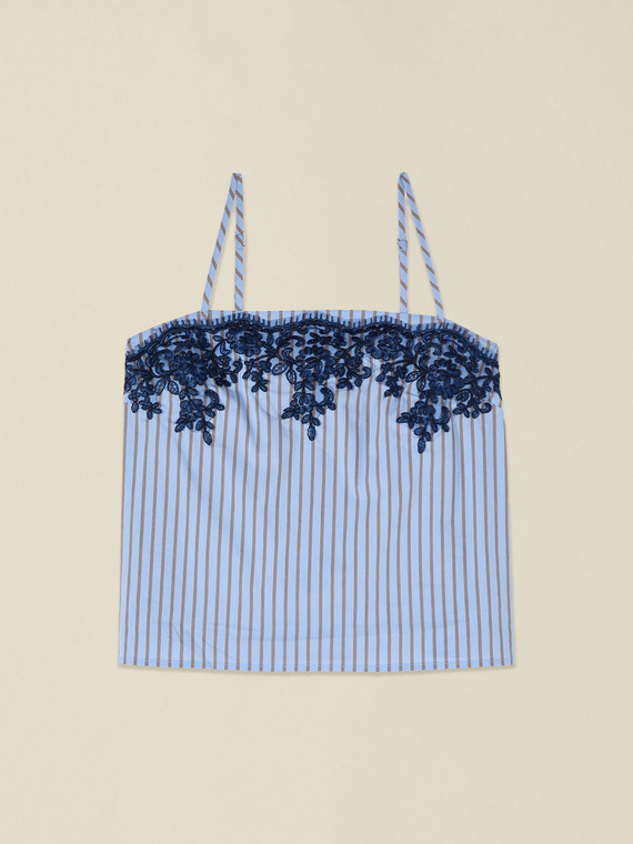 Striped poplin top with lace
