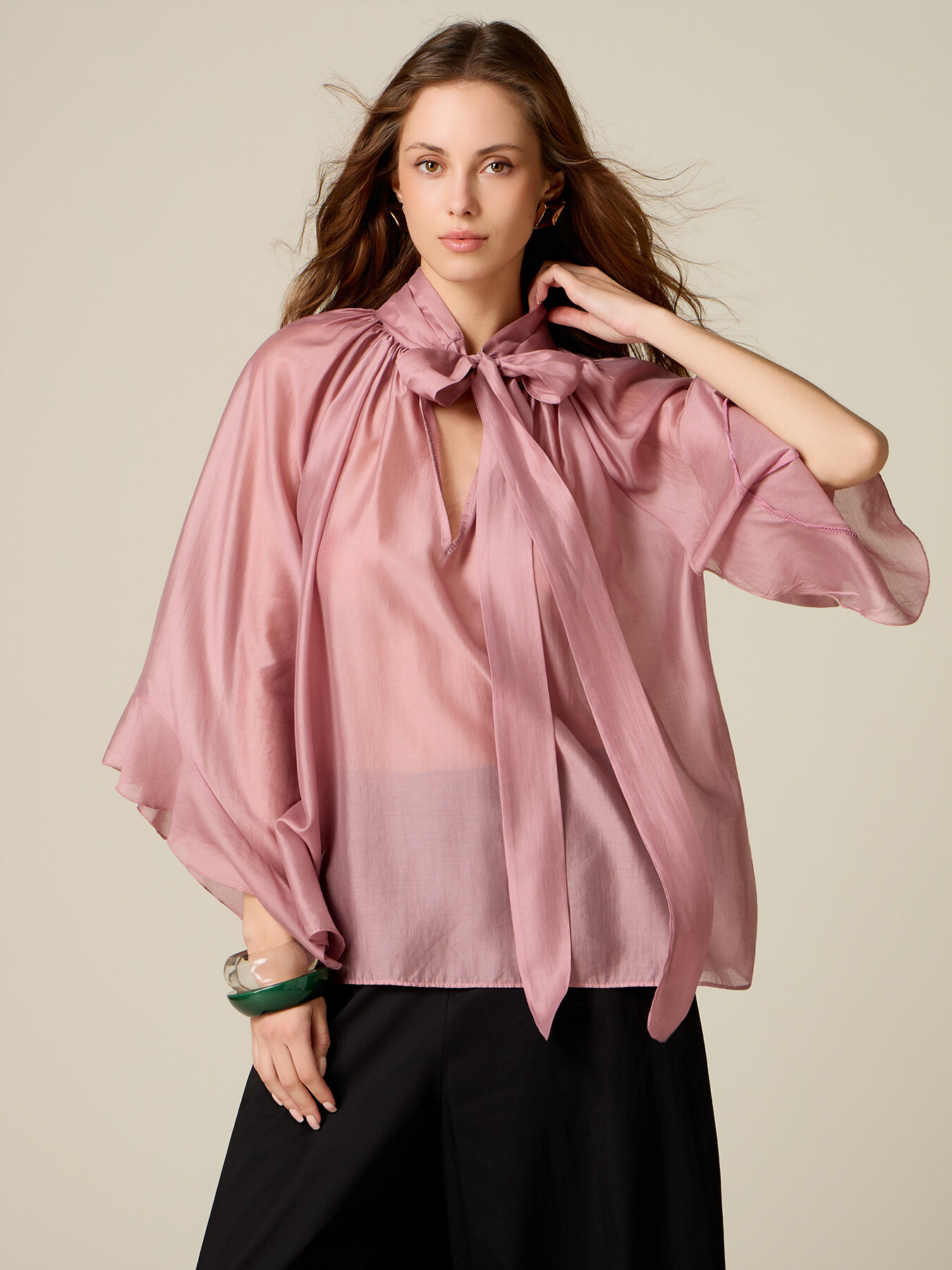 Bluză din voal cu fundiță image number 0