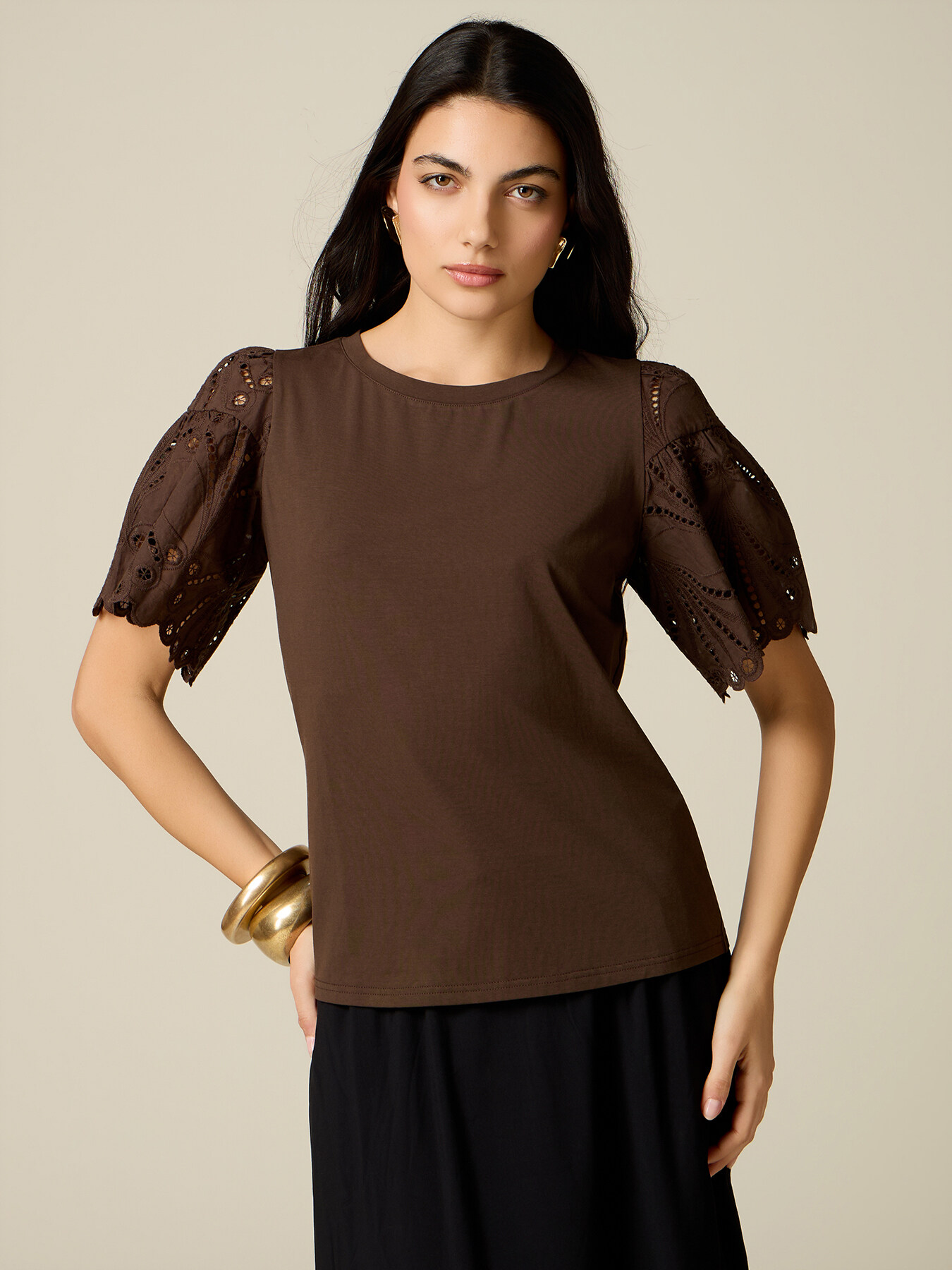 T-shirt con maniche in sangallo image number 0
