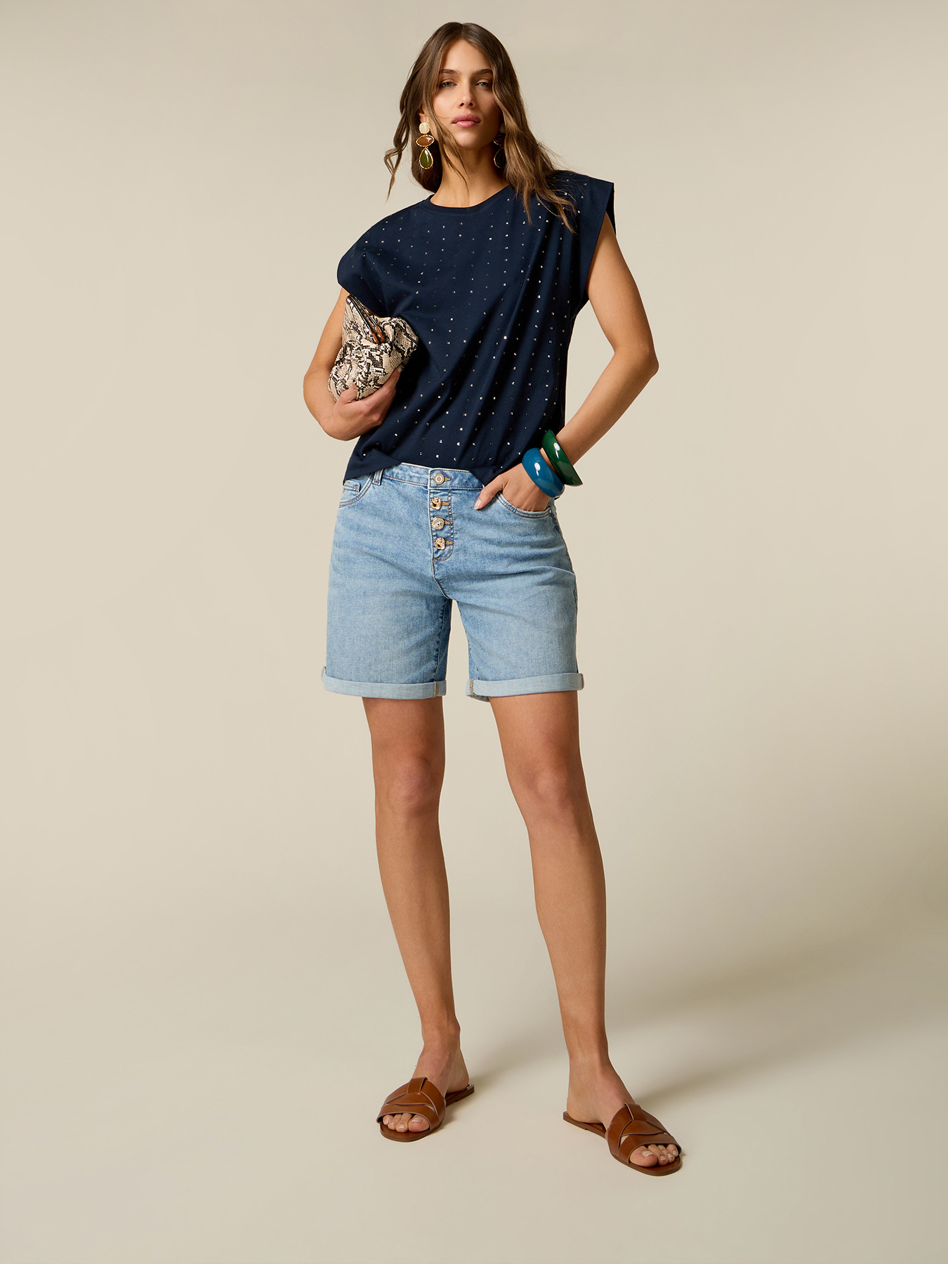 Denim shorts with jewel buttons image number 0