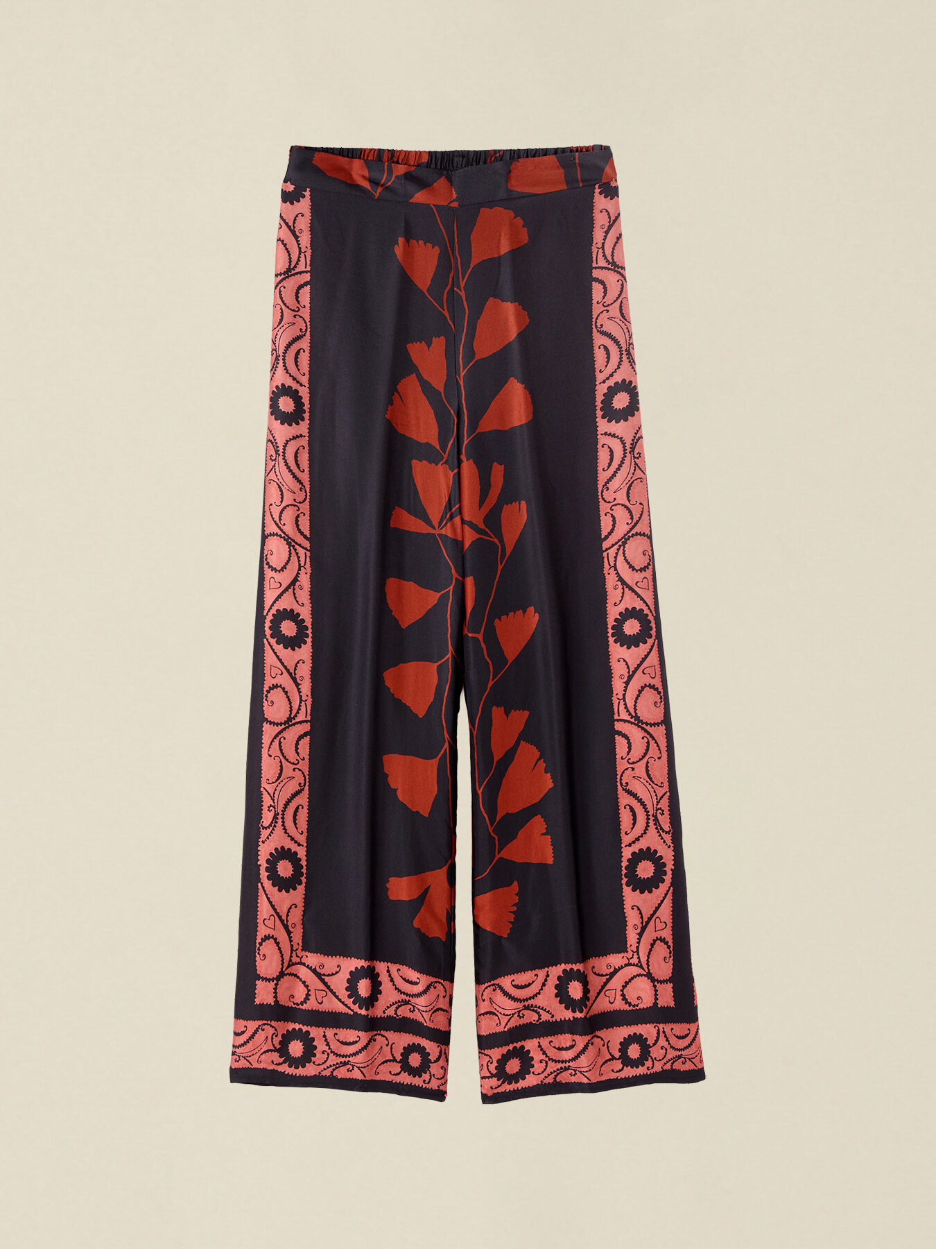 Pantaloni palazzo din satin cu imprimeu image number 4