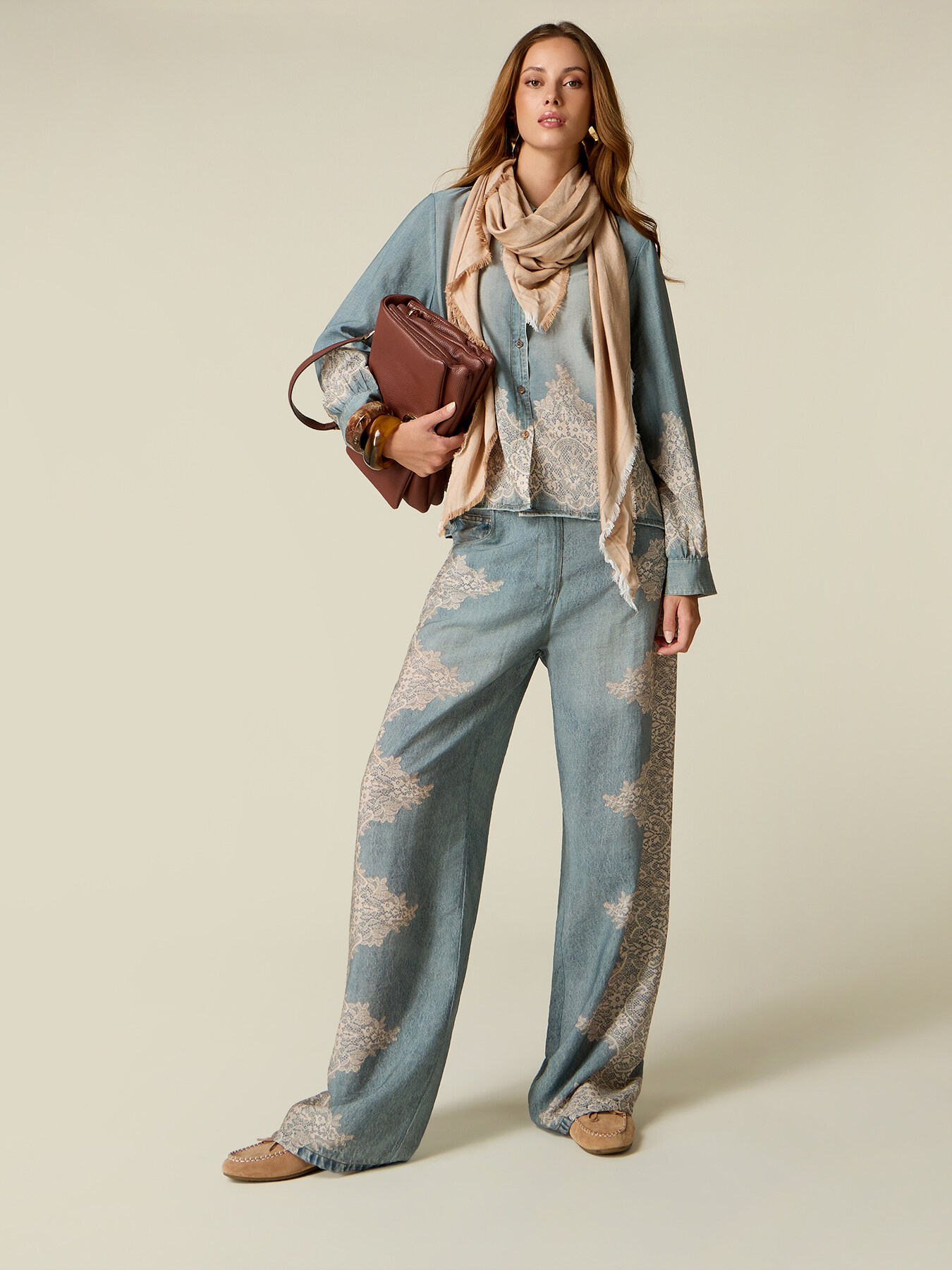 Wide-leg palazzo pants with denim effect and lace image number 0
