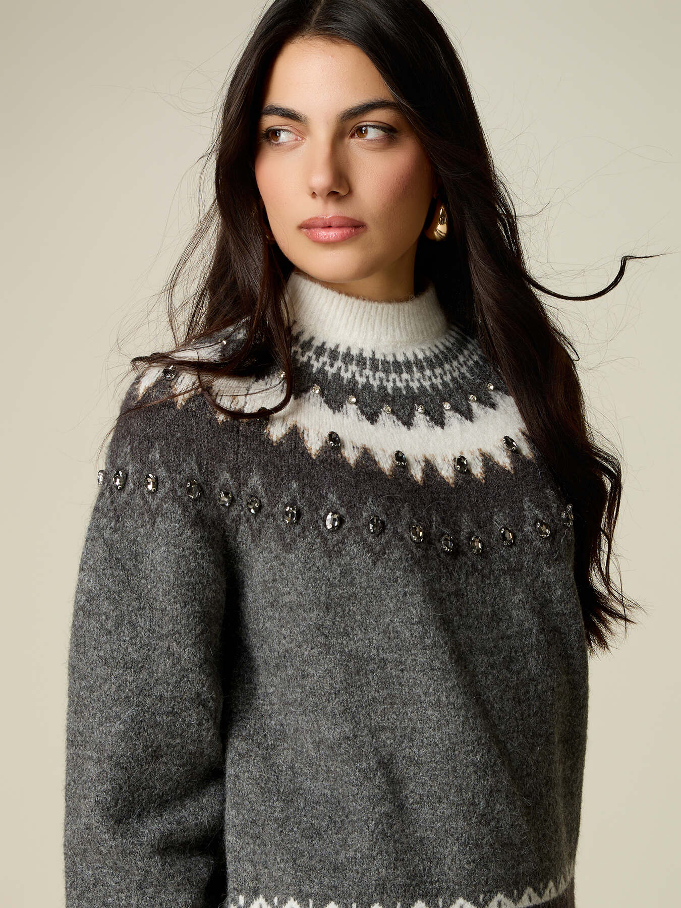 Pulover cu motiv jacquard și cristale montate image number 2